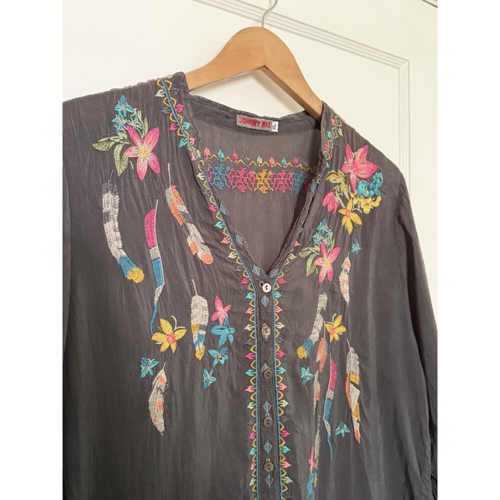 Johnny Was Tunic Shirt Dress Grey Feather Embroidered Pastel‎ Boho Sz XL - Picture 2 of 8